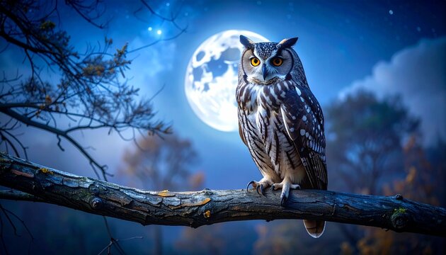 An owl perches on a tree branch under a moonlit night sky with a soft focus.