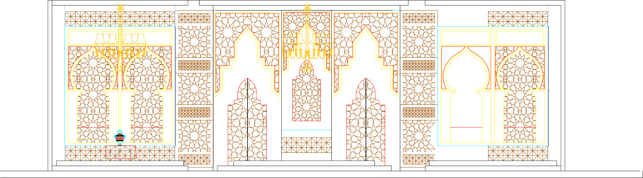 Architectural elevation showing ornate Islamic interior with Moorish arches, decorative geometric screens, chandeliers and intricate lattice patterns in line art style.