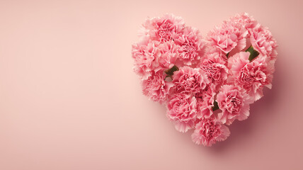 ハート型に並べたピンクのカーネーション｜コピースペースのある母の日フラワー背景素材