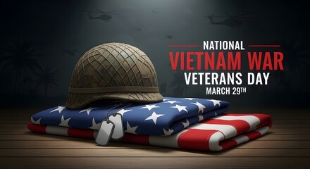 Vietnam war veterans day banner with military helmet and american flag