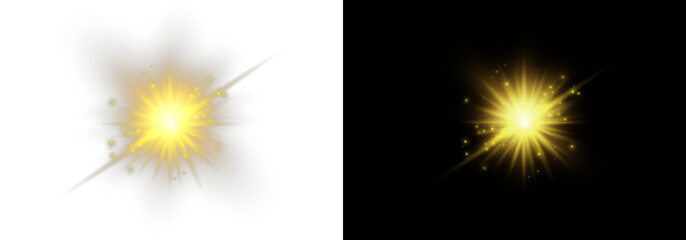 Golden lens flare starburst with radiant rays and sparkling dust on split background. Bright optical light effect for overlays and design.