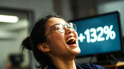 Naklejka premium A young woman laughs joyfully, staring at a computer screen displaying a +132% increase.