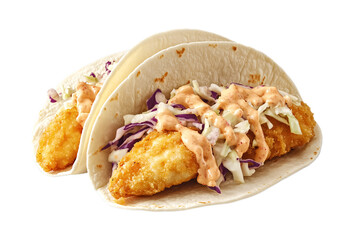 Fototapeta premium Fish Tacos with Cabbage Slaw - Fresh and Tangy Mexican Dish - Isolated on White Background