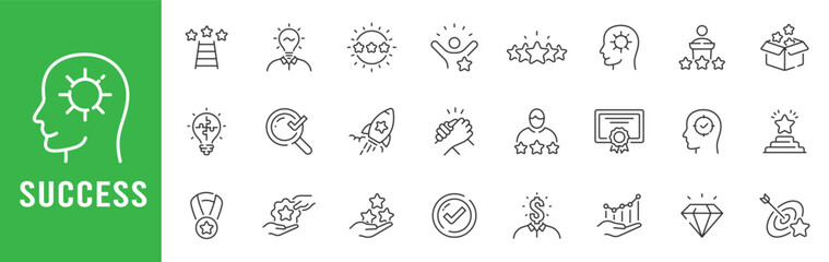 Success achievement outline icons featuring rating stars, awards, trophy, rocket, target, growth, teamwork, premium quality, editable stroke line vector set.