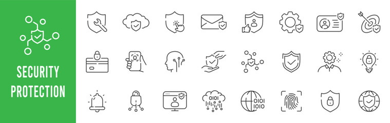 Obraz premium Security protection outline icons for cybersecurity, cloud security, encryption, authentication, secure email, fingerprint access, network shield, editable stroke set vector.
