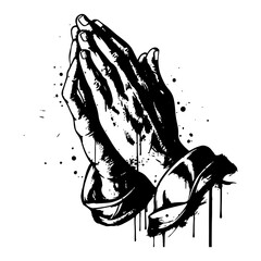 Detailed vector drawing of praying hands in distressed black ink splatter grunge style