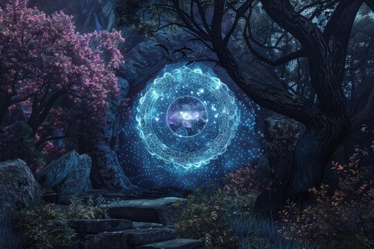Glowing magical portal appearing in an enchanted forest at night, creating a mesmerizing fantasy landscape