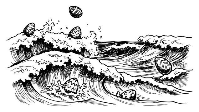 Easter eggs floating on stormy sea waves in a detailed black and white sketch style