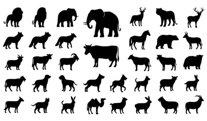 Obraz premium Wild and Domestic Animals Silhouette Mega Pack with Farm and Wildlife Animal Shapes Vector Collection