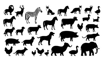 Fototapeta premium Animal Silhouette Mega Collection Featuring Wildlife Farm Animals and Pets Black Vector Icon Set