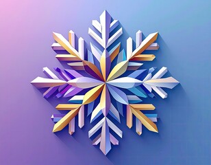 A stylized snowflake, created with geometric shapes and soft shadows, resting on a pastel purple background