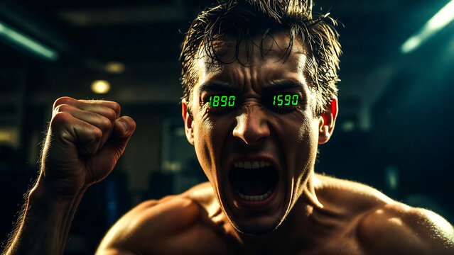 A muscular man screams, fists raised, displaying '1590' on glowing green digital glasses. He celebrates intensely.