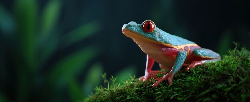 colorful tree frog resting on vibrant green moss in a peaceful jungle setting