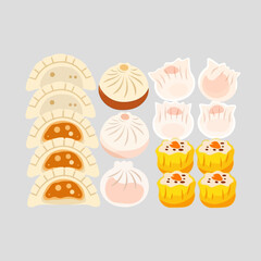 A delightful assortment of steamed dumplings and buns, showcasing various types of dim sum, presented against a plain grey background.