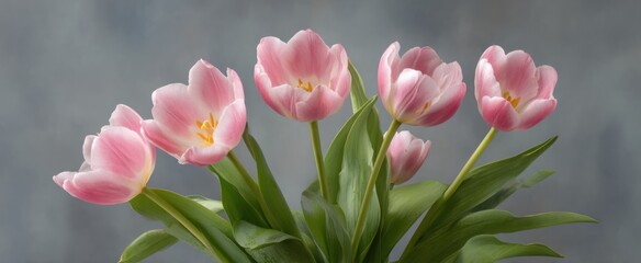 Obraz premium Elegant pink tulips contrast beautifully with a subtle gray background