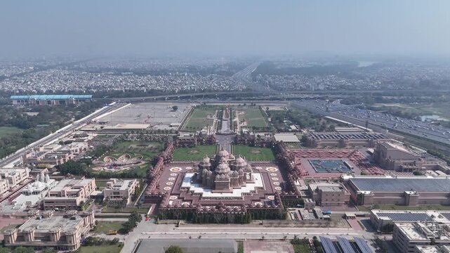 Aerial drone view of Akshardham Temple in Delhi India