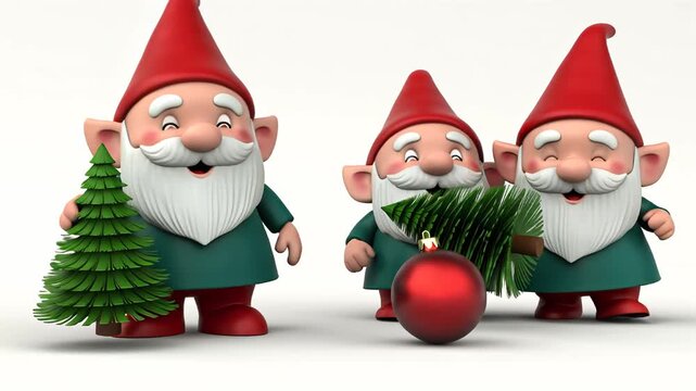 Cute funny cartoon gnome with a Christmas tree animation