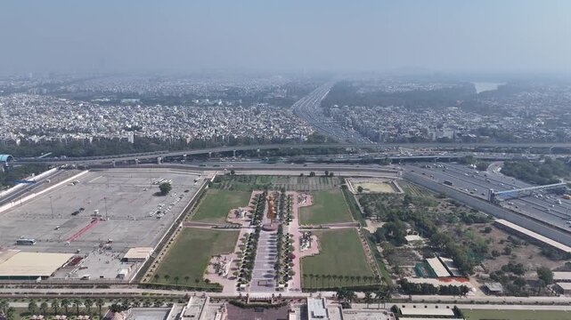 Aerial drone view of Akshardham Temple in Delhi India