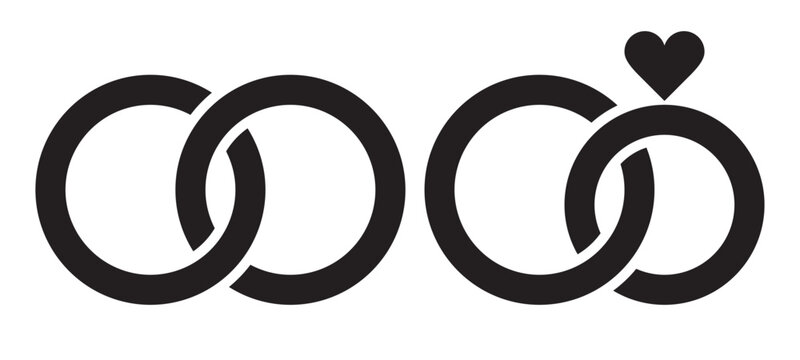 Wedding rings with heart linked together in the symbol of marriage flat vector icon