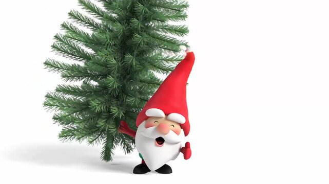 Cute funny cartoon gnome with a Christmas tree animation