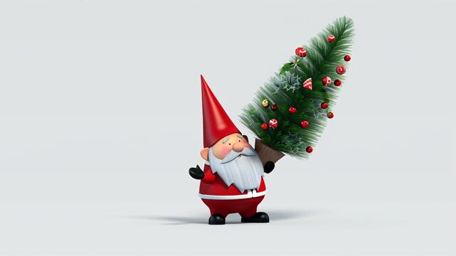 Cute funny cartoon gnome with a Christmas tree animation