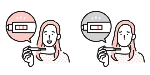 シンプル　イラスト　妊娠検査薬の結果を確認する女性 陽性と陰性の比較イメージ ベクターイラスト