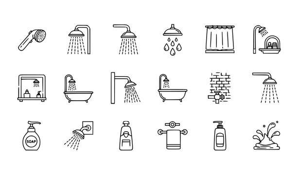 Modern shower line icon set with showerhead bathtub curtain soap and bathroom accessories for web and mobile