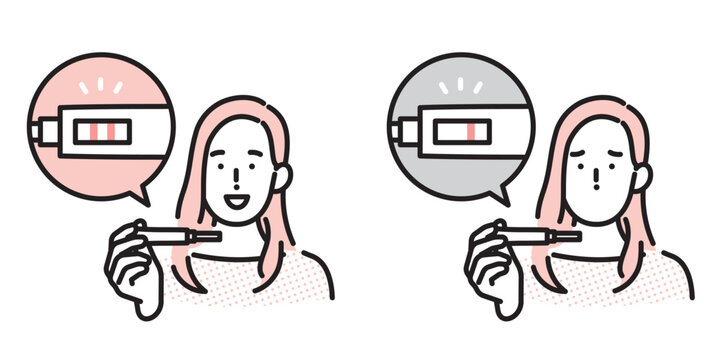 シンプル　イラスト　妊娠検査薬の結果を確認する女性 陽性と陰性の比較イメージ ベクターイラスト