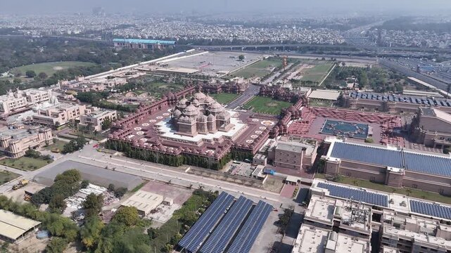 Aerial drone view of Akshardham Temple in Delhi India