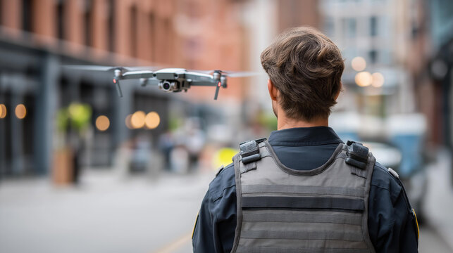 Faceless police officer in tactical vest standing in an urban street with a law enforcement drone hovering at shoulder height nearby, defocused city block behind, police drone, law