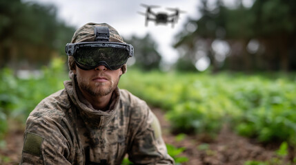 Fototapeta premium Faceless military operator in tactical gear wearing compact FPV goggles kneeling in a field, combat drone visible hovering above trees in the background, defocused forest edge behi