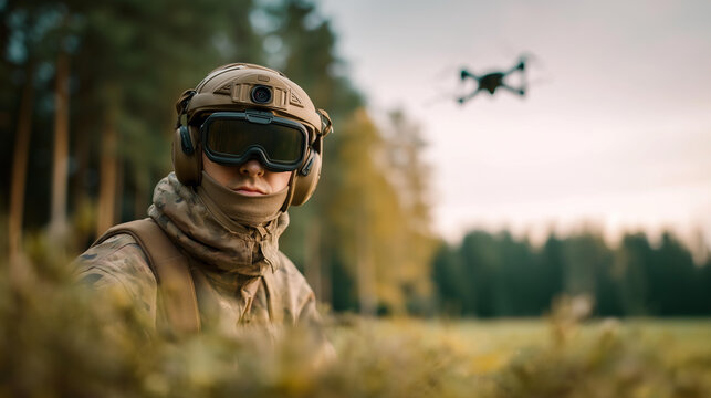 Faceless military operator in tactical gear wearing compact FPV goggles kneeling in a field, combat drone visible hovering above trees in the background, defocused forest edge behi