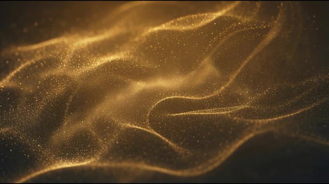 Golden dust forming layered flowing wave surfaces drifting calmly in a dark cinematic space with smooth motion warm light and soft atmospheric depth