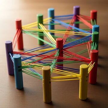 Colorful wooden posts connected by vibrant elastic bands, creative design.