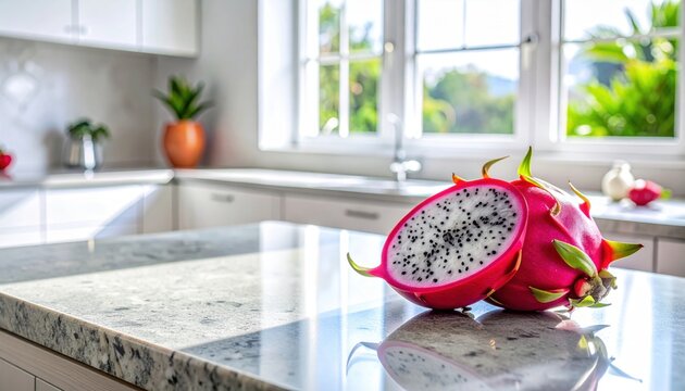 Vibrant Red Dragon Fruit Halved on a Polished Granite Kitchen Countertop with Natural Daylight