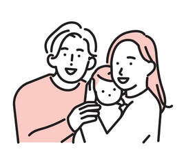 シンプル　イラスト　赤ちゃんを抱く夫婦の家族イメージ ベクターイラスト