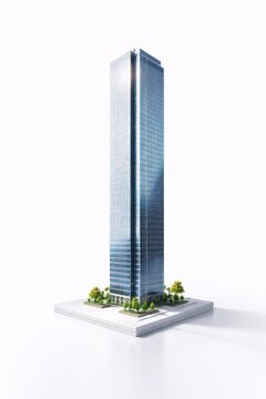 Studio photo of a miniature architectural skyscraper model with blue windows and tilt shift depth