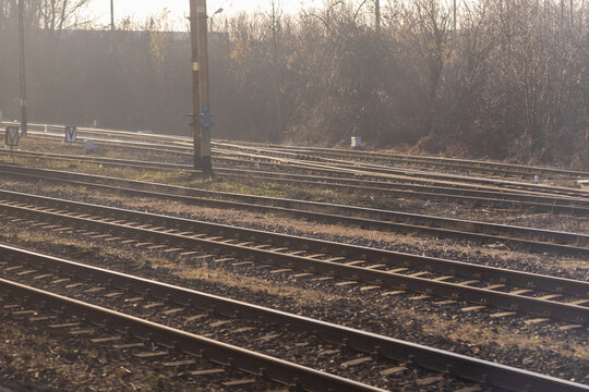 Extensive network of parallel railway tracks diverging and converging, showcasing robust transportation infrastructure and symbolizing future journeys and important path choices