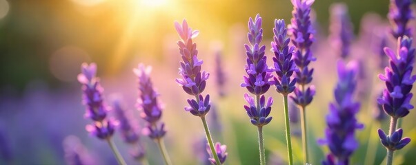 Obraz premium Close-up of fragrant lavender flowers, bathed in soft sunlight, exuding a calming, mellow aroma Perfect for aromatherapy, relaxation, and spa themes , flowers, mellow, organic