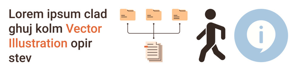 Data management, information sharing, workflow processes, data storage, organization tools, user interaction. Folder icons connecting to a document, a walking figure information symbol. Data © robu_s