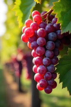 Close-up of ripe red wine grapes hanging on the vine, ready for harvest Sun-drenched bunches showcase deep color and perfect condition, ideal for winemaking , nebbiolo, grapes on vine, organic