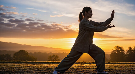 Fototapeta premium Woman practicing tai chi at beautiful sunrise, performing graceful movements with focus and precision. This serene woman practicing tai chi cultivates inner peace and physical balance outdoors.