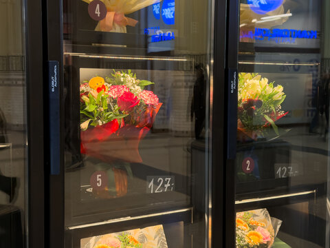 Automated flower vending machine offering fresh, vibrant bouquets for convenient last-minute purchase, perfect for gifting and modern retail