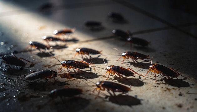 Cockroaches Crawling on a Dirty Kitchen Floor in Dramatic Lighting