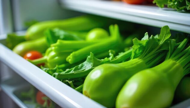 Crisp, vibrant green vegetables stored in a refrigerator crisper drawer, ready for immediate use in salads or other recipes Maintaining freshness and extending shelf life , storage, collard greens