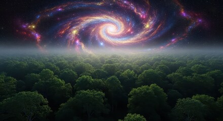 Fototapeta premium Aerial view of a dense green forest meeting a vivid, swirling nebula in the night sky, blending nature and space, majestic, light, night