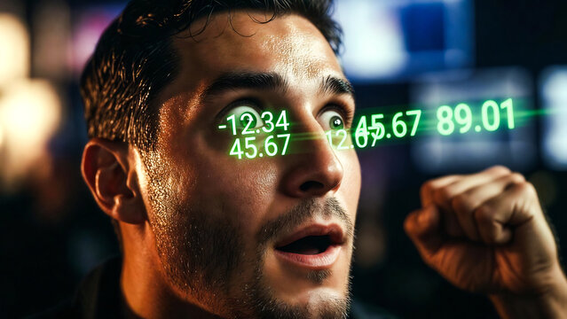 A man stares intensely, fist raised, at glowing digital numbers displaying financial data. He appears focused and energized.