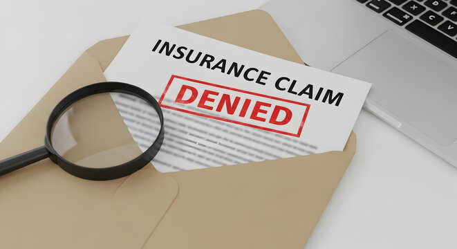 Insurance claim denied document with magnifying glass and laptop on desk