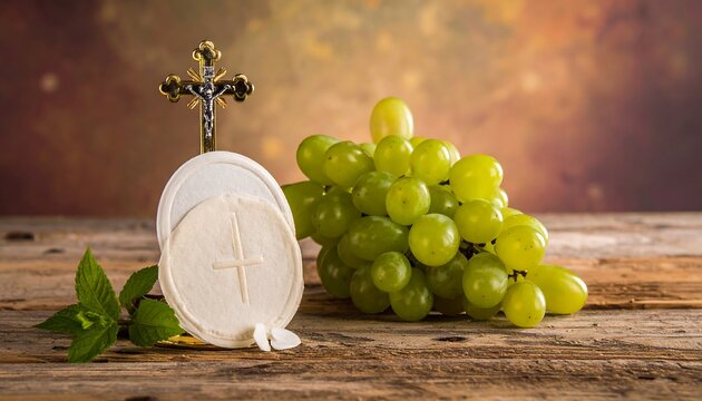 Symbolic arrangement wafers, grapes, cross on rustic wood with blurred warm background