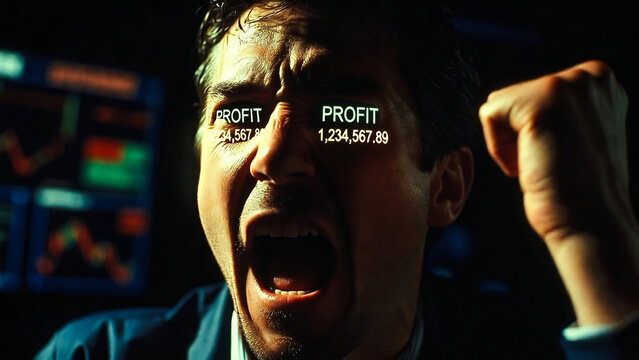 A man yells, pumping his fist, illuminated by stock market graphs displaying 'Profit 1,234,567.89'.